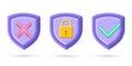3d secure and protect icons. Security shields with checkmark and lock. Network, internet and data protection, privacy, safety